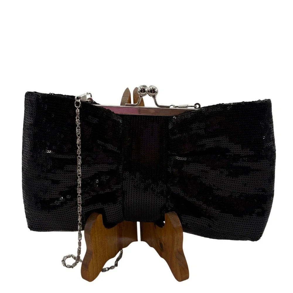 Black Sequin Bow Clutch Evening Bag Kiss Lock Frame Chain Strap Bridal Formal